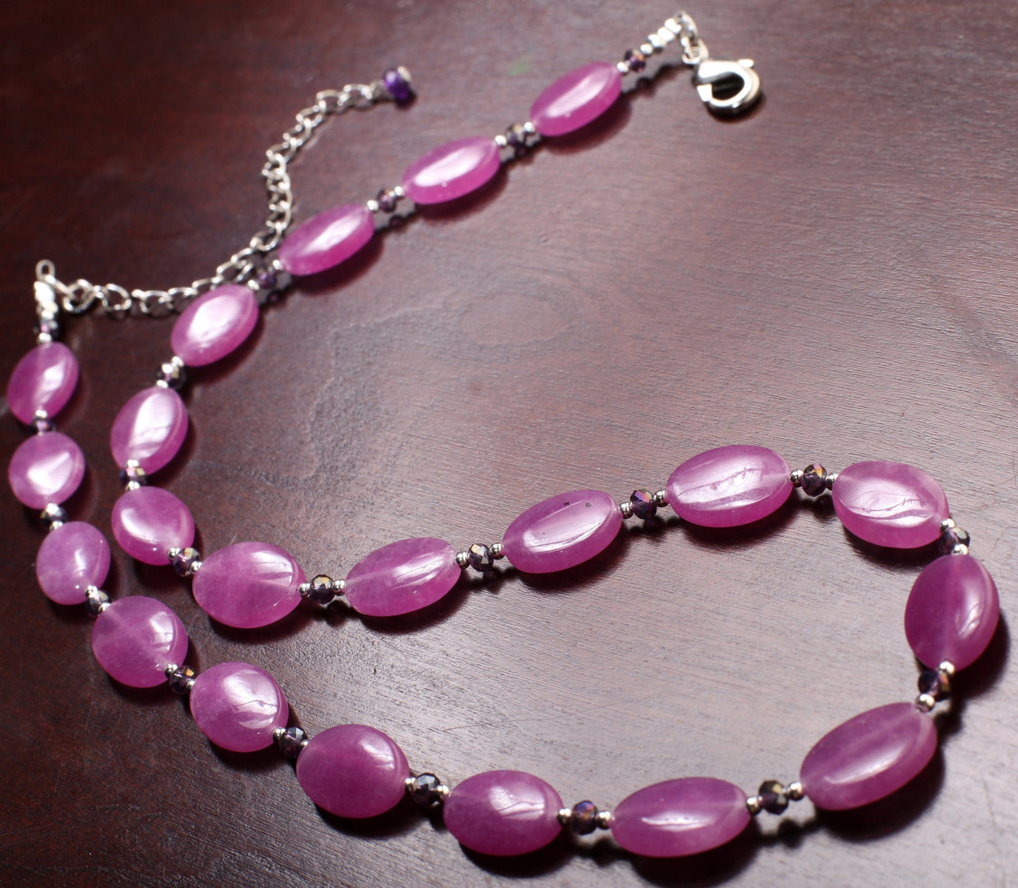 Purple orchid quartz smooth oval sterling silver , crystal accent rhodium clasp necklace, 18" plus 3" extension, spring collection, gift