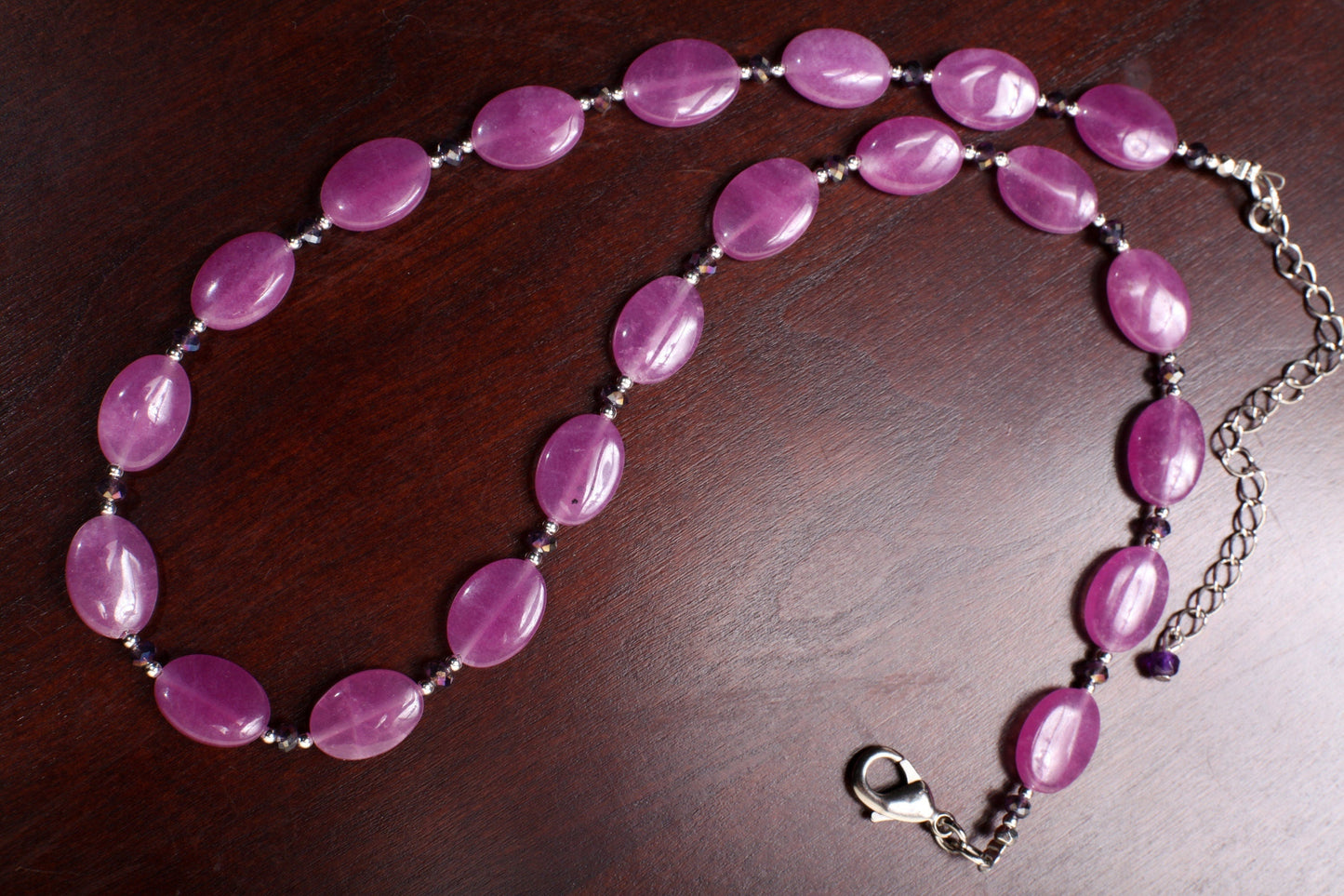 Purple orchid quartz smooth oval sterling silver , crystal accent rhodium clasp necklace, 18" plus 3" extension, spring collection, gift