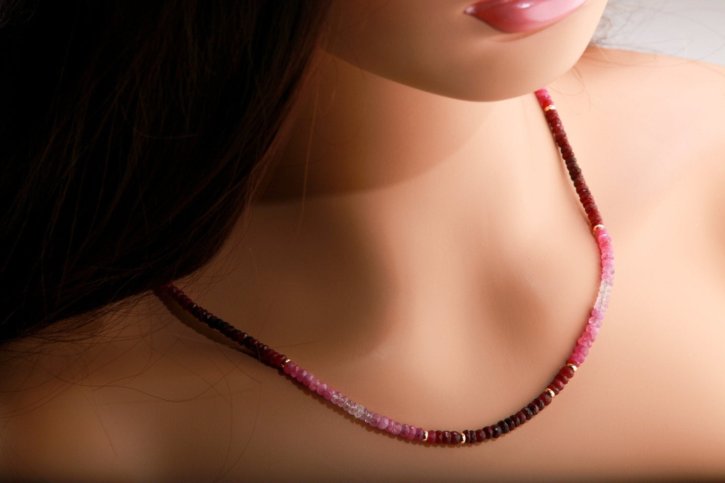 Natural AAA 3-3.5mm Ruby Ombre Shaded 14K Gold Filled Spacers & Clasp Necklace, July Birthstone, Mother's Day, Valentine, Precious Gift