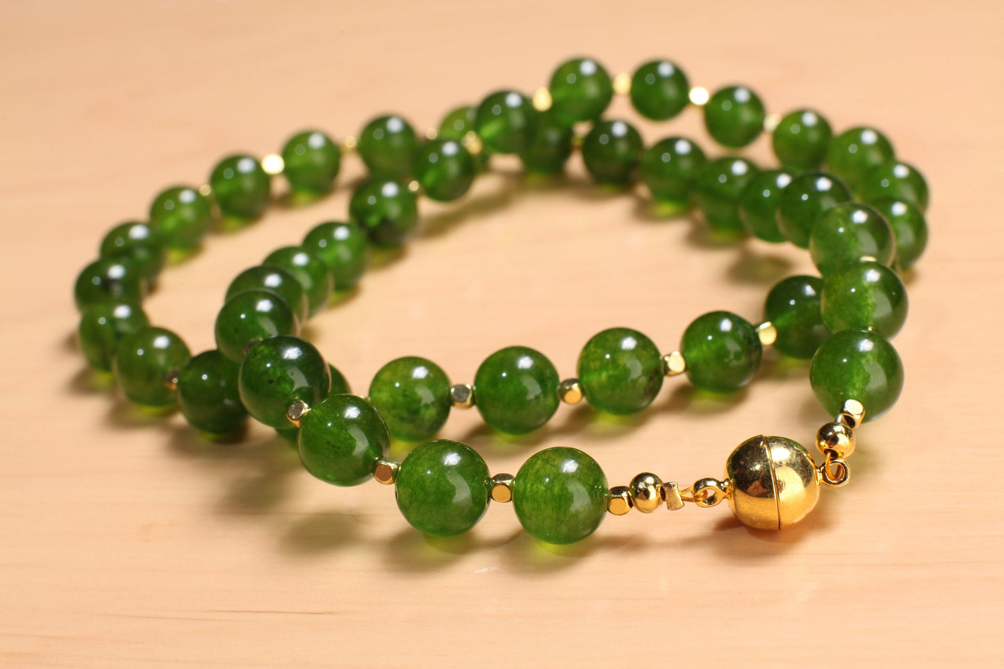 Genuine Green Jade, Nephrite Canada Jade 10mm Round Gold, Gold Filled Necklace, Strong Magnetic Clasp. High Quality Jade 16"- 34" Necklace