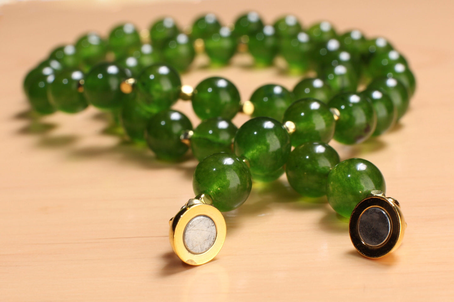 Genuine Green Jade, Nephrite Canada Jade 10mm Round Gold, Gold Filled Necklace, Strong Magnetic Clasp. High Quality Jade 16"- 34" Necklace
