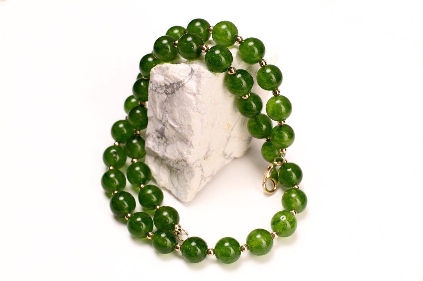 Genuine Green Jade, Nephrite Canada Jade 10mm Round Gold, Gold Filled Necklace, Strong Magnetic Clasp. High Quality Jade 16"- 34" Necklace