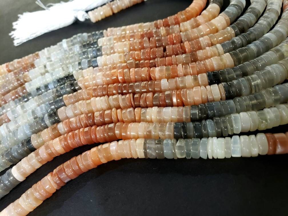 Natural multi Moonstone Heishe, shaded Gemstone brown smooth cut Heishe Moonstone Beads 6.5- 7mm DIY Jewelry Making, 8" Strand
