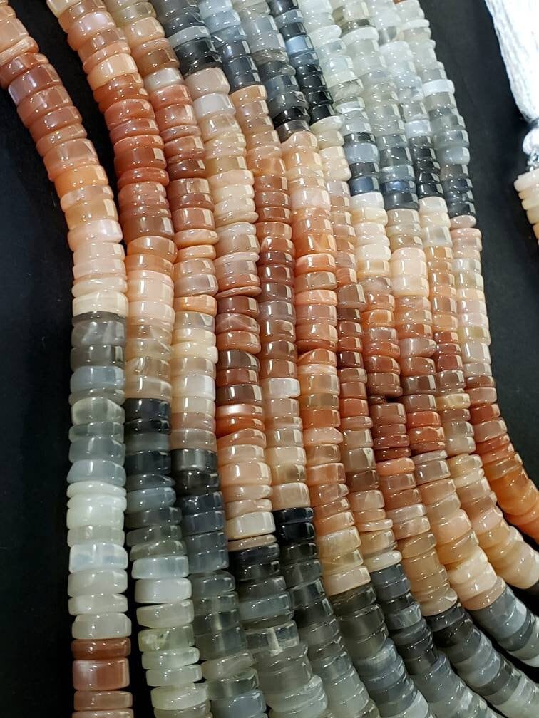 Natural multi Moonstone Heishe, shaded Gemstone brown smooth cut Heishe Moonstone Beads 6.5- 7mm DIY Jewelry Making, 8" Strand