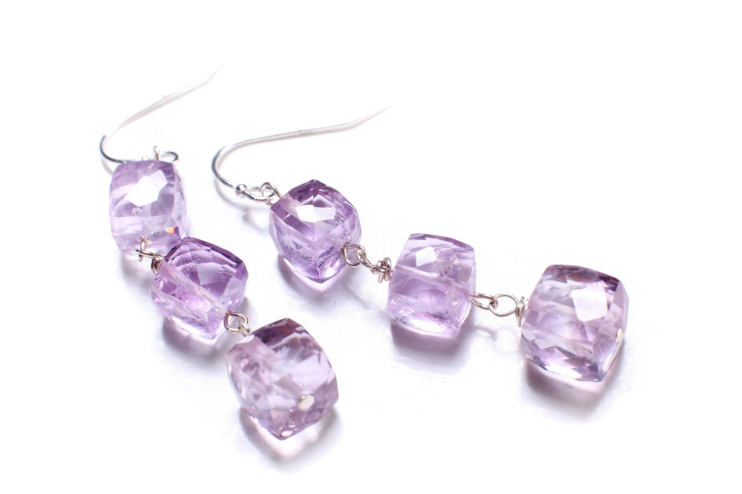 Pink Amethyst 7-9mm Cube Dangling Ear Wire in 925 Sterling Silver, Soothing Gem, Natural AAA Amethyst Square Ice Cube Gems