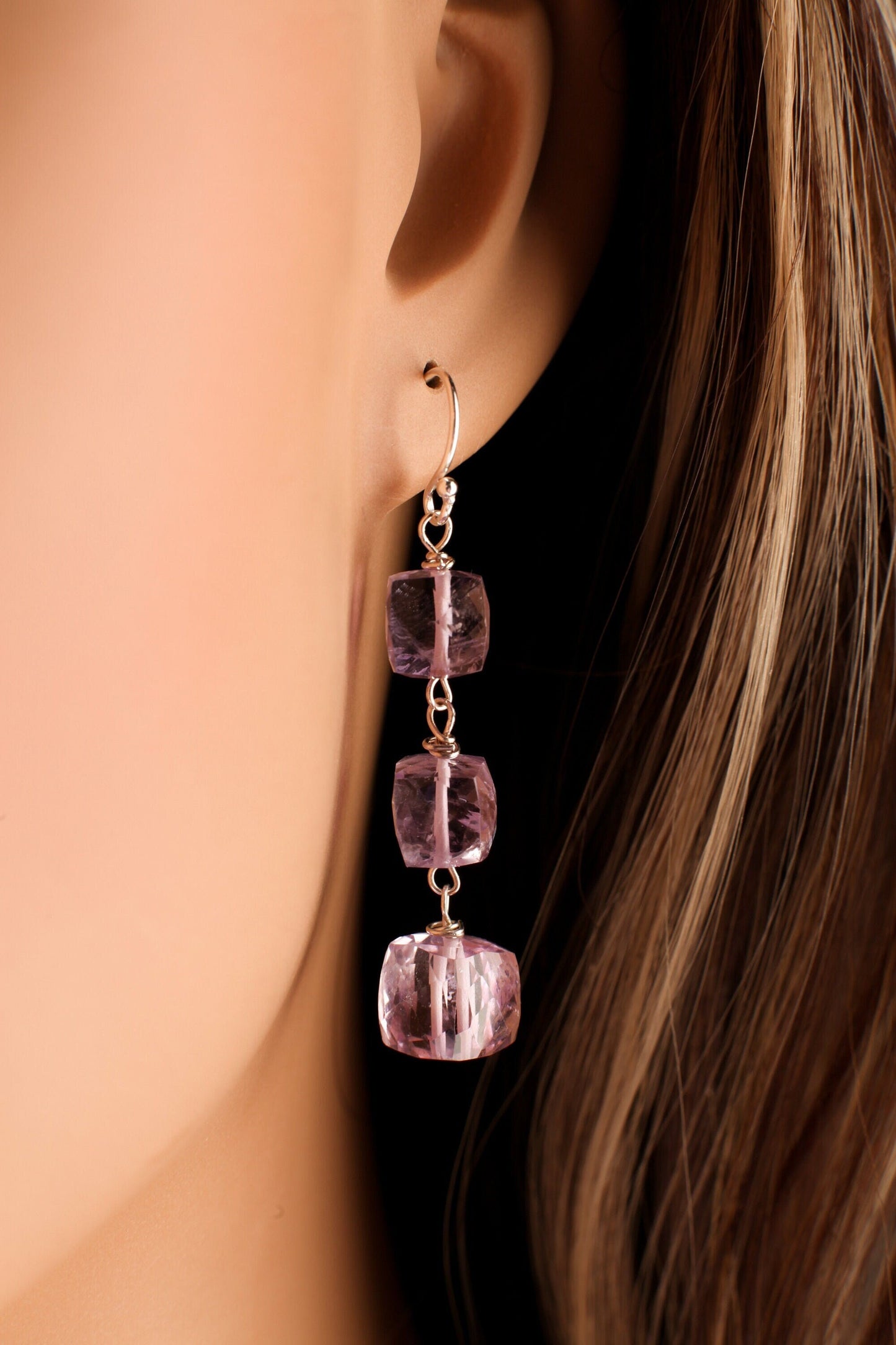 Pink Amethyst 7-9mm Cube Dangling Ear Wire in 925 Sterling Silver, Soothing Gem, Natural AAA Amethyst Square Ice Cube Gems