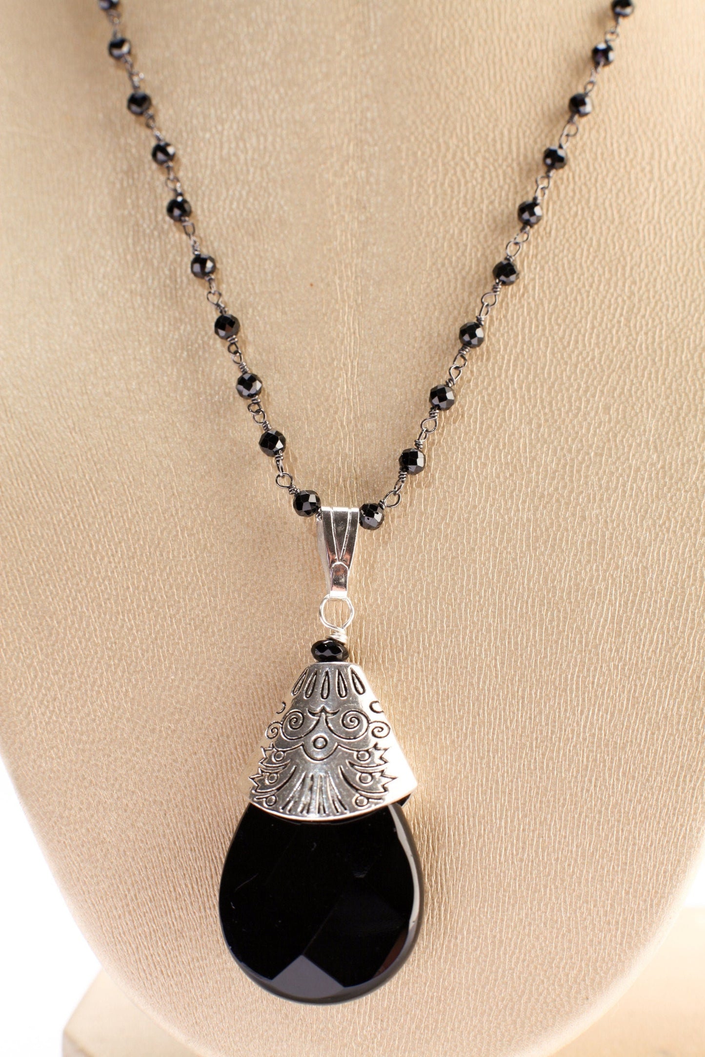 Black Spinel Diamond Cut Necklace with Oxidized Silver Teardrop, Large Bali Style Cap, Black Onyx Pear Drop Pendant Necklace