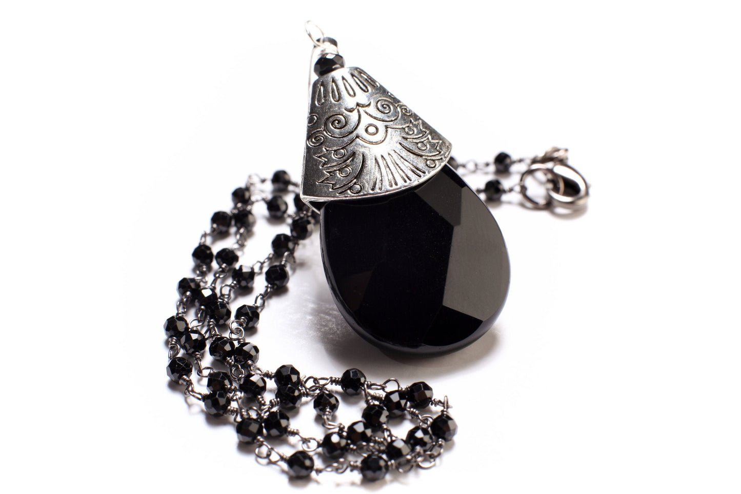 Black Spinel Diamond Cut Necklace with Oxidized Silver Teardrop, Large Bali Style Cap, Black Onyx Pear Drop Pendant Necklace