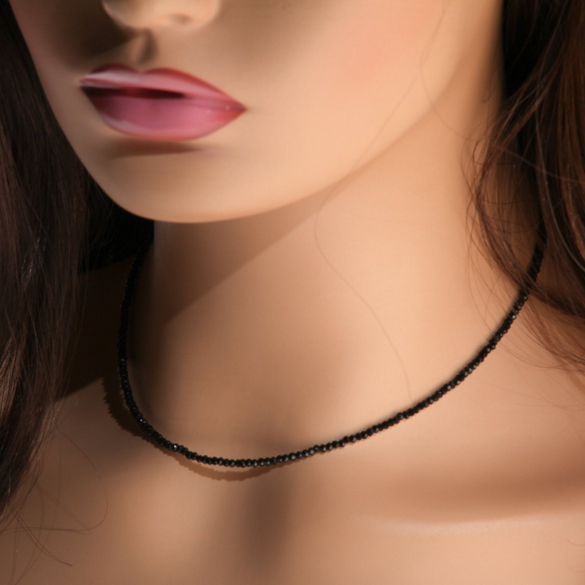 Natural Black Spinel Sterling Silver AAA High Quality Necklace Micro Faceted 2mm Diamond Cut Choker Minimalist,Layering Necklace 14" to 48"
