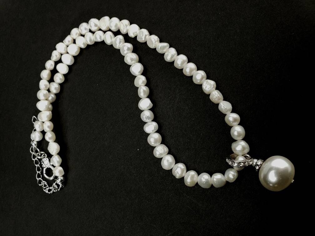 Natural Freshwater Pearl freeform oval with South SeaShell Pearl 12x15mm CZ Pendant Necklace plus 2" Extender, Bridal , party , elegant gift