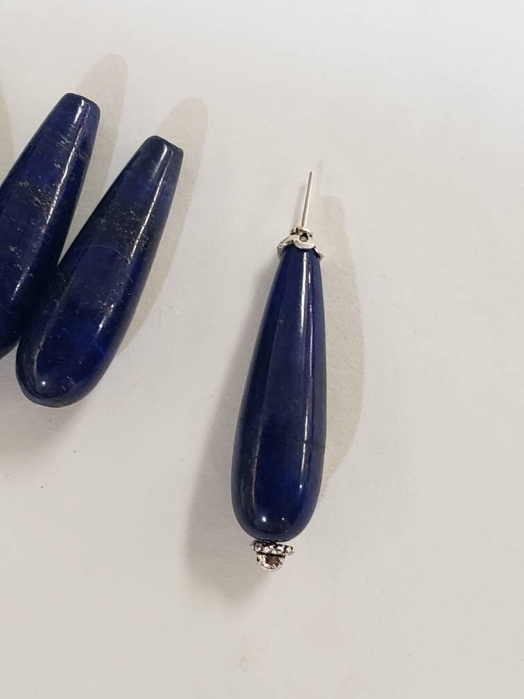 Genuine Lapis Lazuli AA heavy weight 10x39mm long tear drop bead for earrings or pendant making bead, top to bottom drilled.