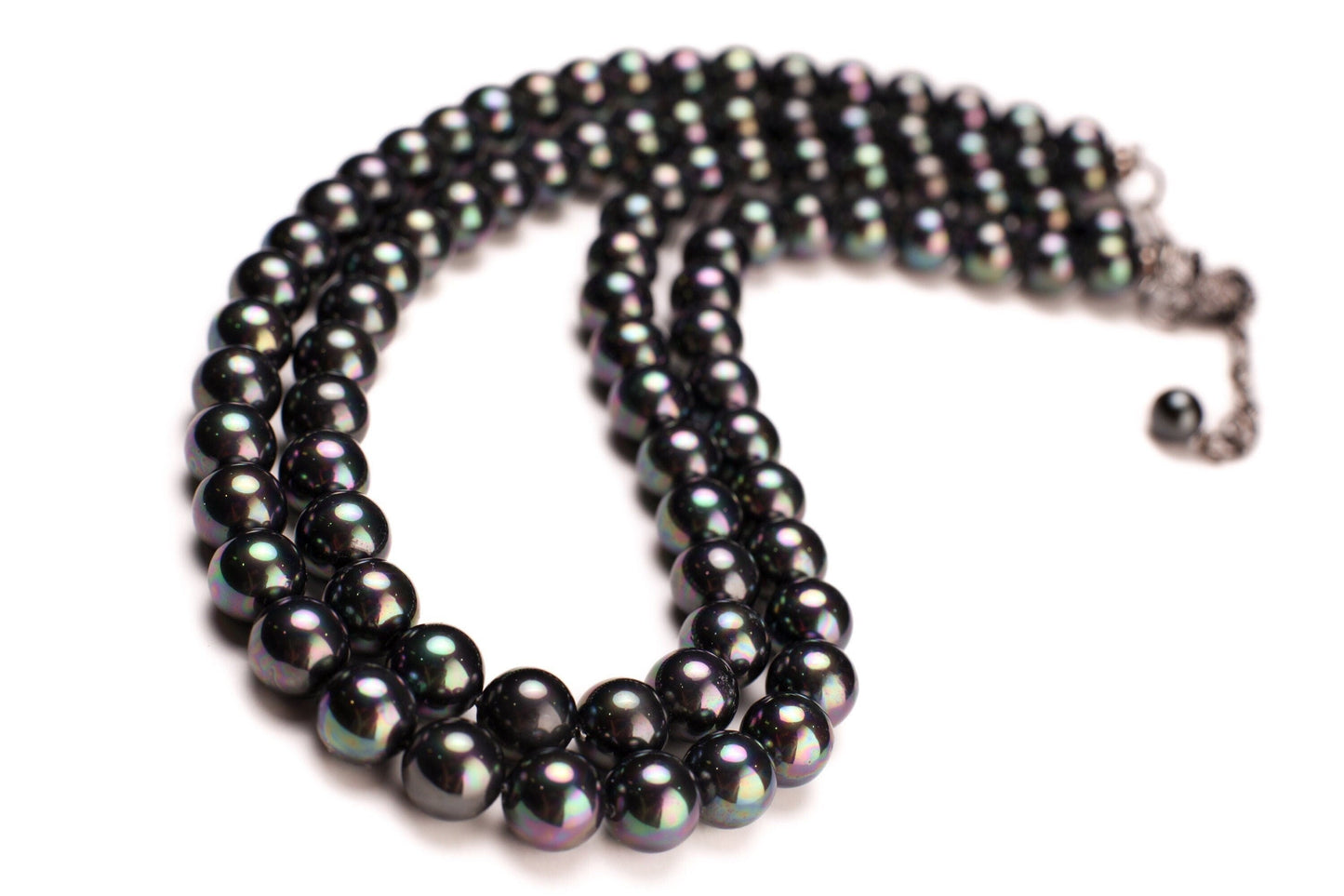 Double Layered South Sea Shell Pearl 10mm Peacock AB black Statement Necklace with CZ Diamond Clasp and 2" Extender Necklace, Elegant Gift