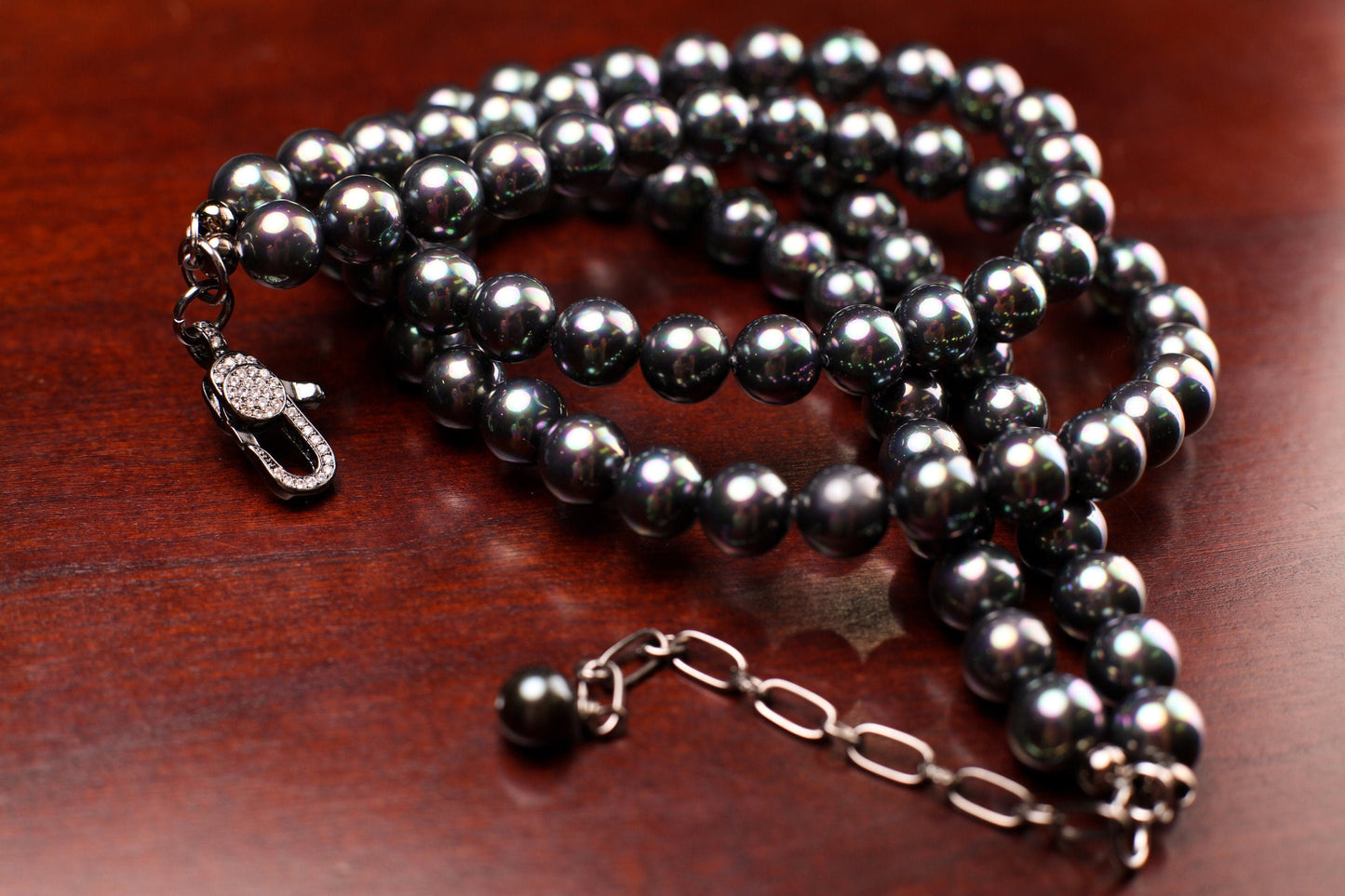 Double Layered South Sea Shell Pearl 10mm Peacock AB black Statement Necklace with CZ Diamond Clasp and 2" Extender Necklace, Elegant Gift