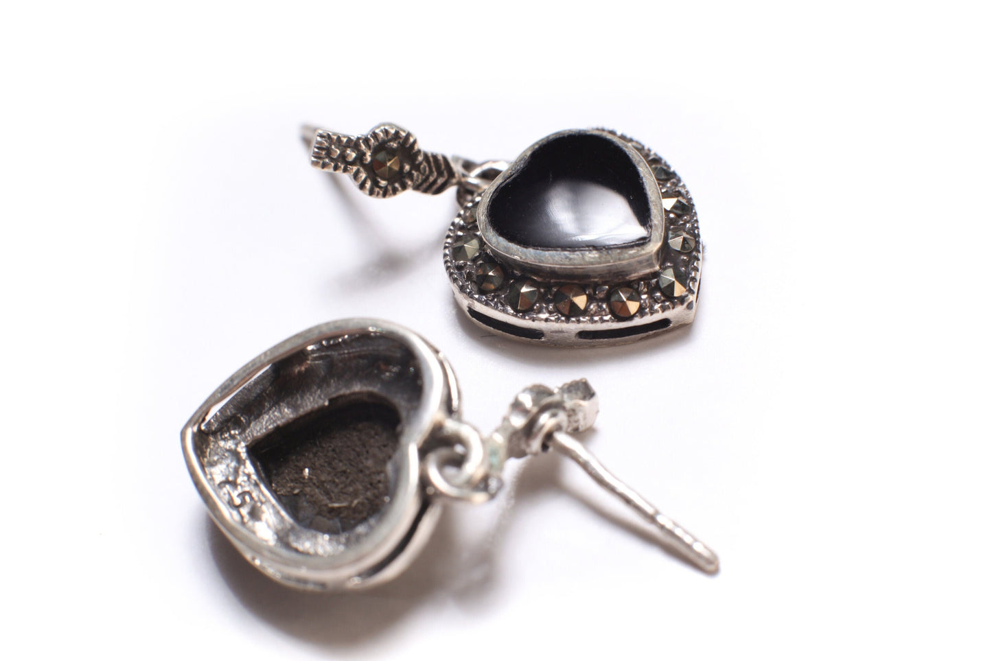Marcasite 925 Sterling Silver Earrings Post with Dangle Black Onyx Heart Shape Vintage, Antique Marcasite Earrings Gift for her