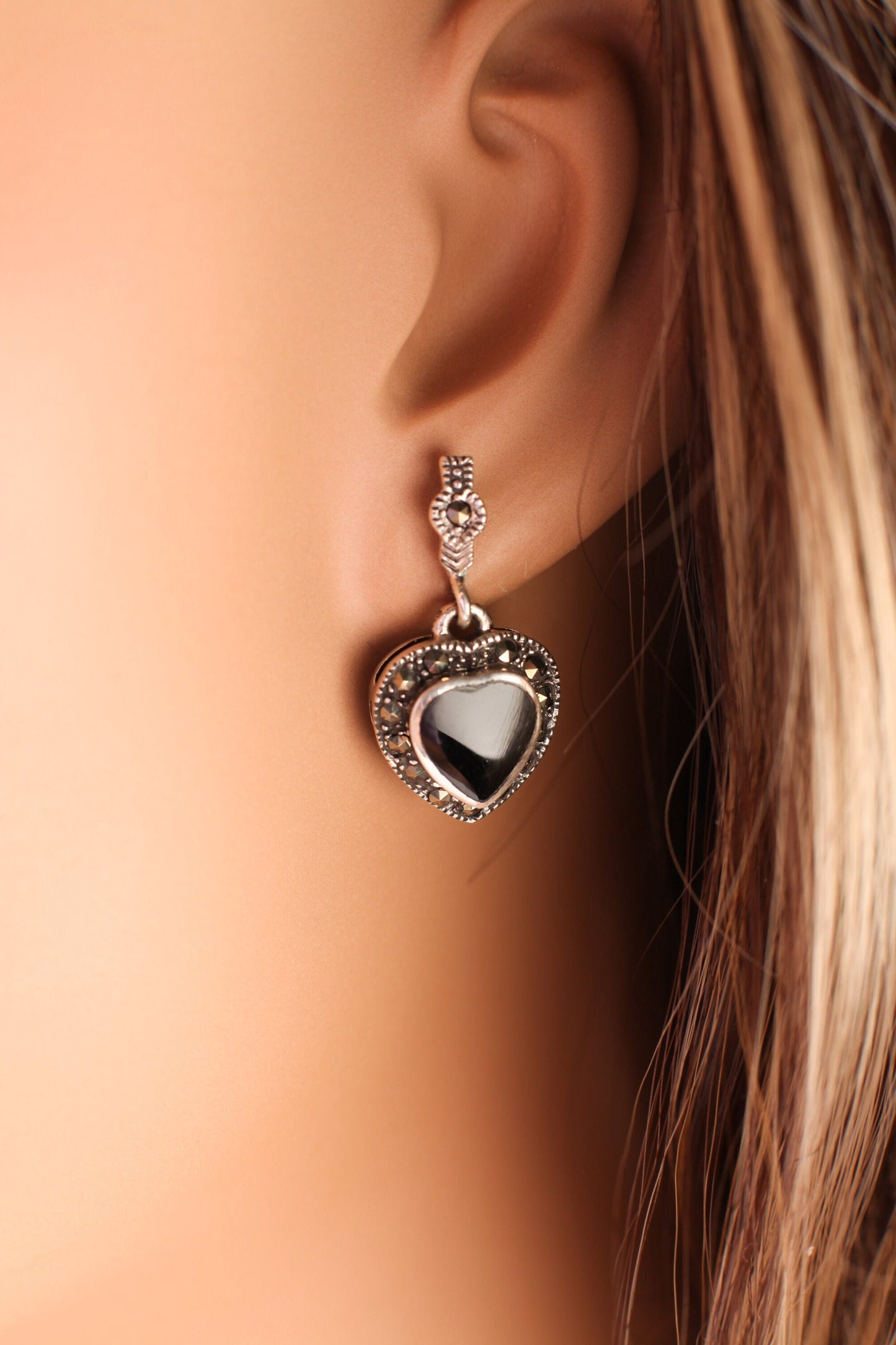 Marcasite 925 Sterling Silver Earrings Post with Dangle Black Onyx Heart Shape Vintage, Antique Marcasite Earrings Gift for her