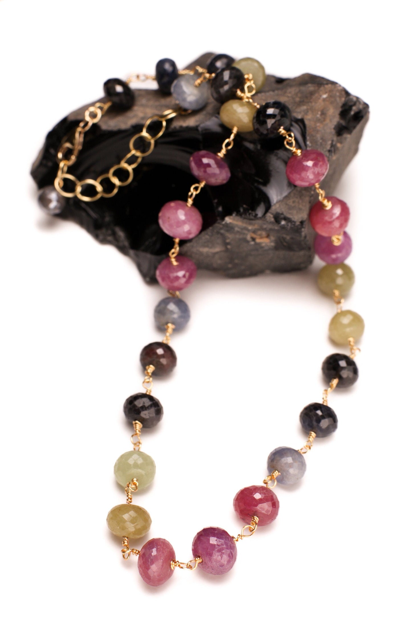 Multi Sapphire Faceted Rondelle 11mm large wire wrapped 14K Gold Filled Handmade Necklace with 2" Extension, Natural Gemstone elegant gift
