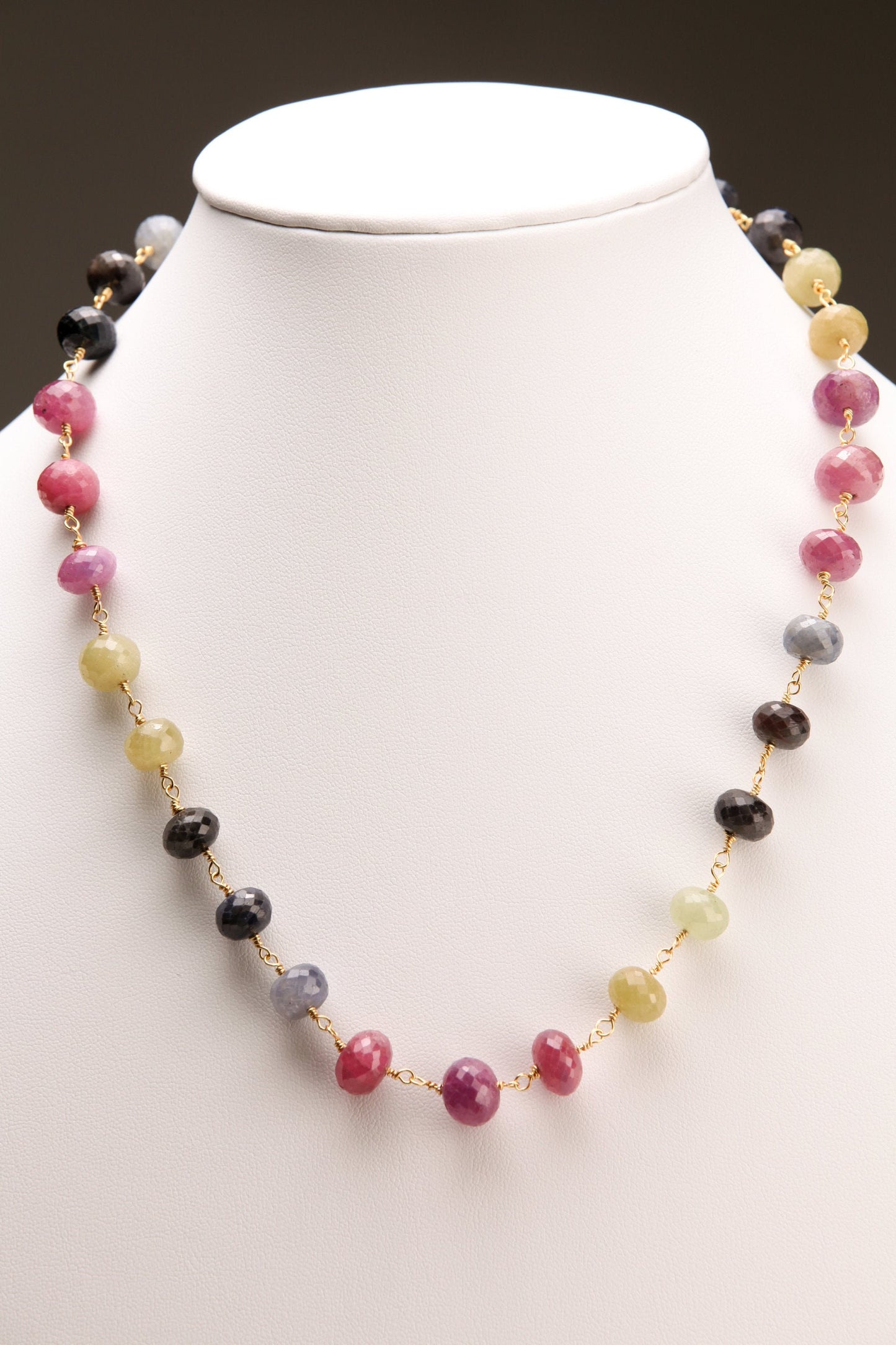 Multi Sapphire Faceted Rondelle 11mm large wire wrapped 14K Gold Filled Handmade Necklace with 2" Extension, Natural Gemstone elegant gift
