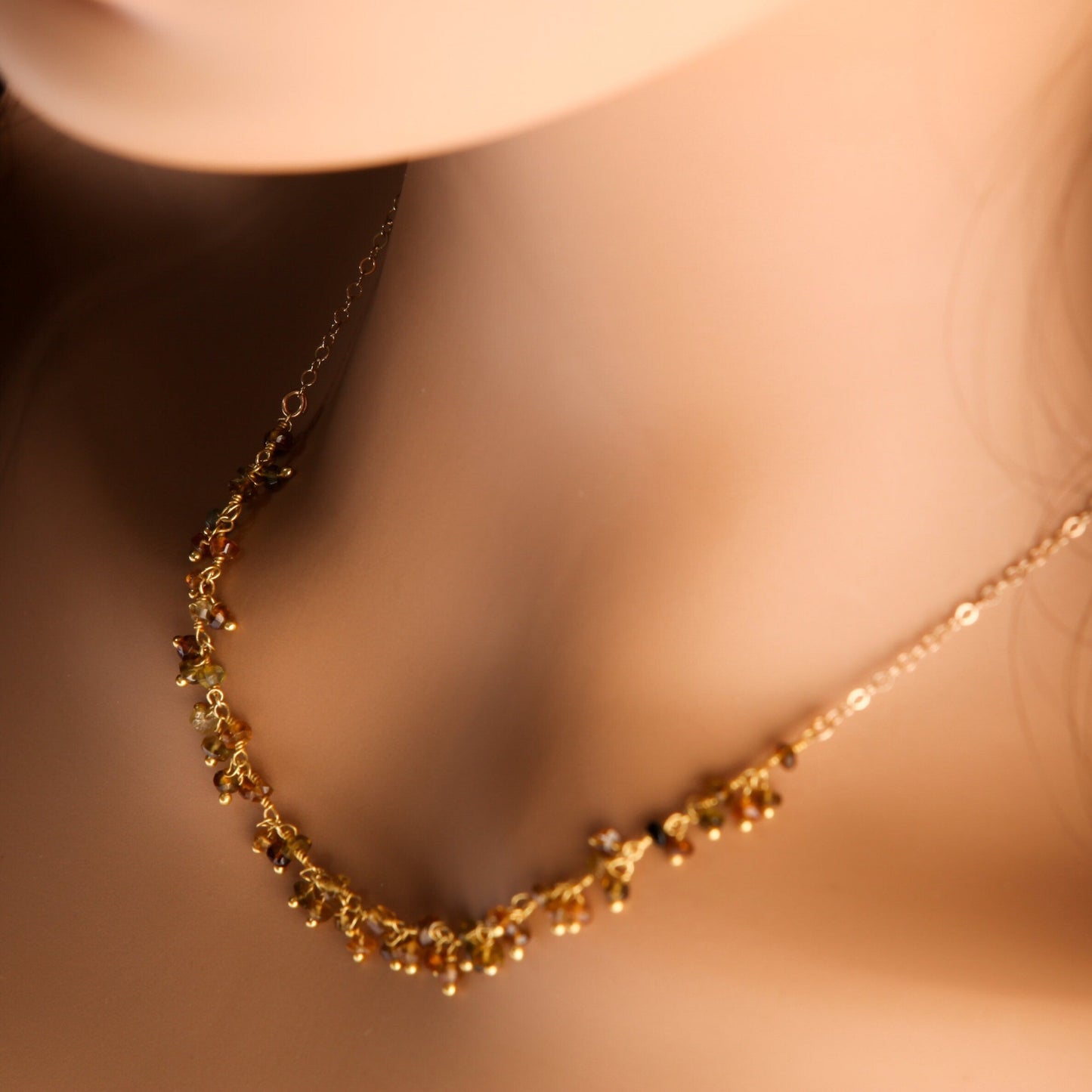 Watermelon Tourmaline, Petro Tourmaline Wire Wrapped Clusters Necklace in 14K Gold Filled Chain, Clasp, Valentine Gift
