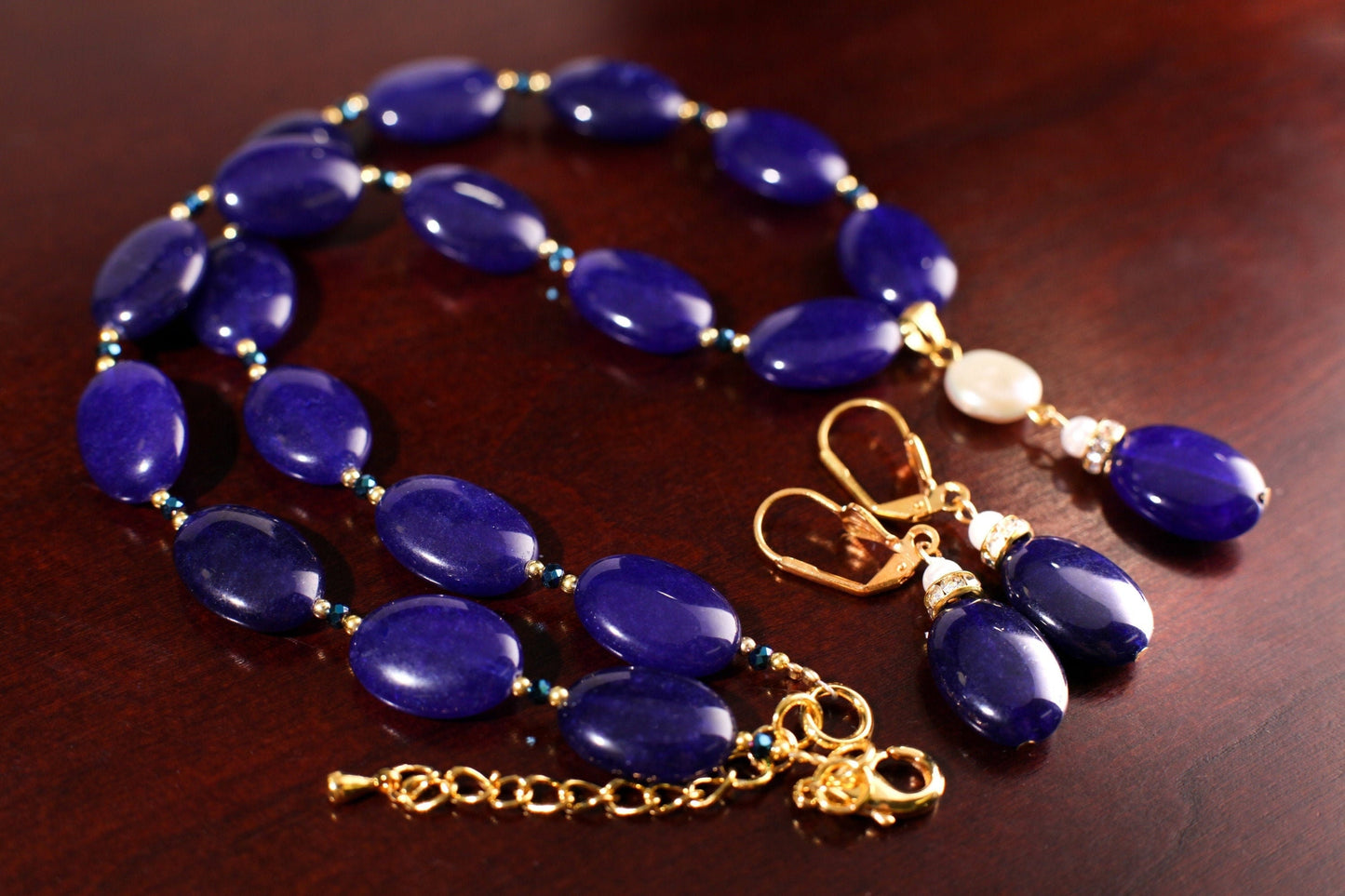 Dark blue Sapphire Jade Oval 13x18mm size Accent Freshwater coin pearl pendant 18" plus 2" Extension Necklace,Matching Earrings Jewelry Set