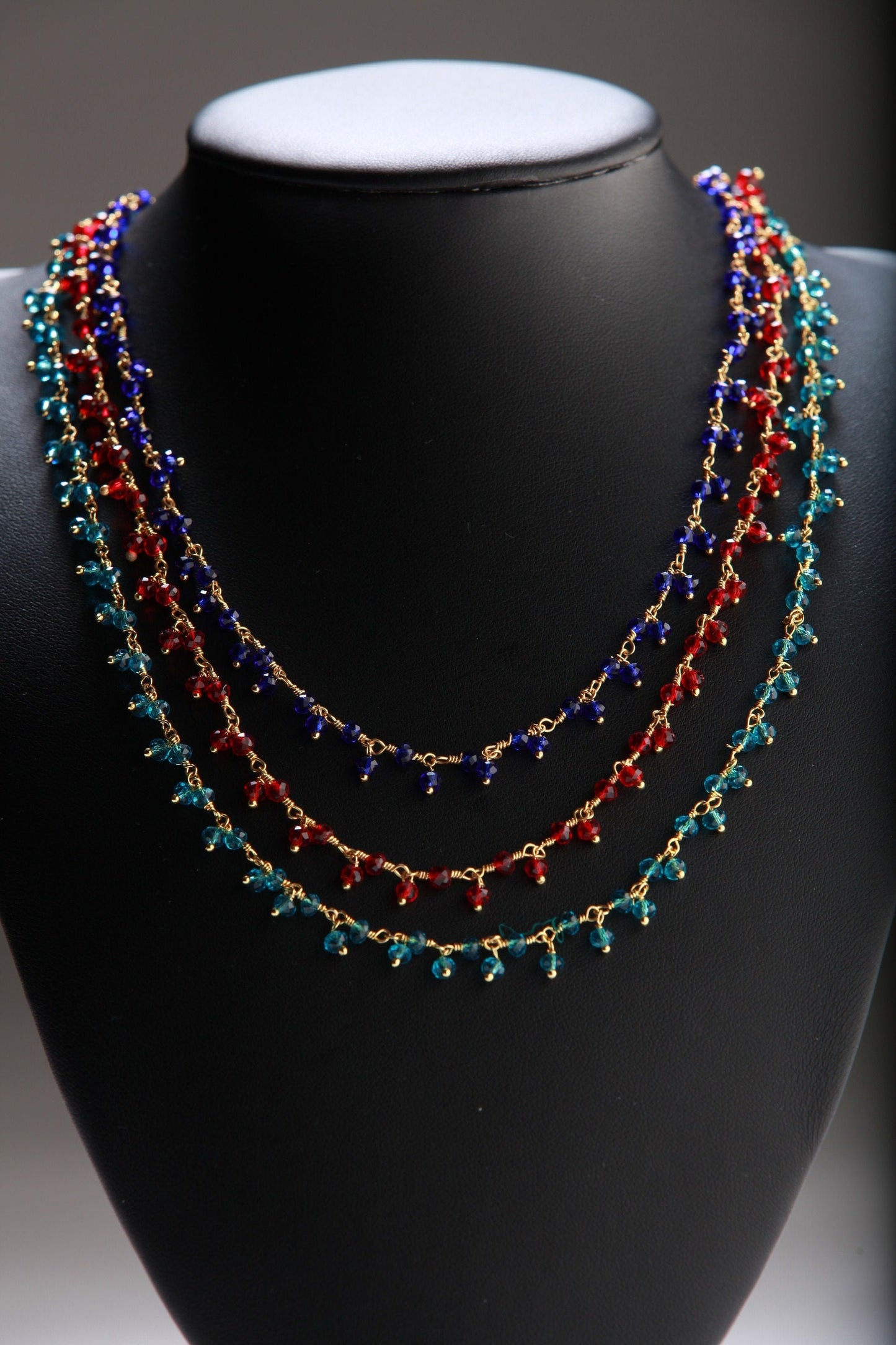 Ruby Red, Sapphire Blue and Emerald Green Hydro Quartz Beaded Wire Wrapped Cluster Dangling Handmade Necklace, Holiday Gift, 14" to 30"