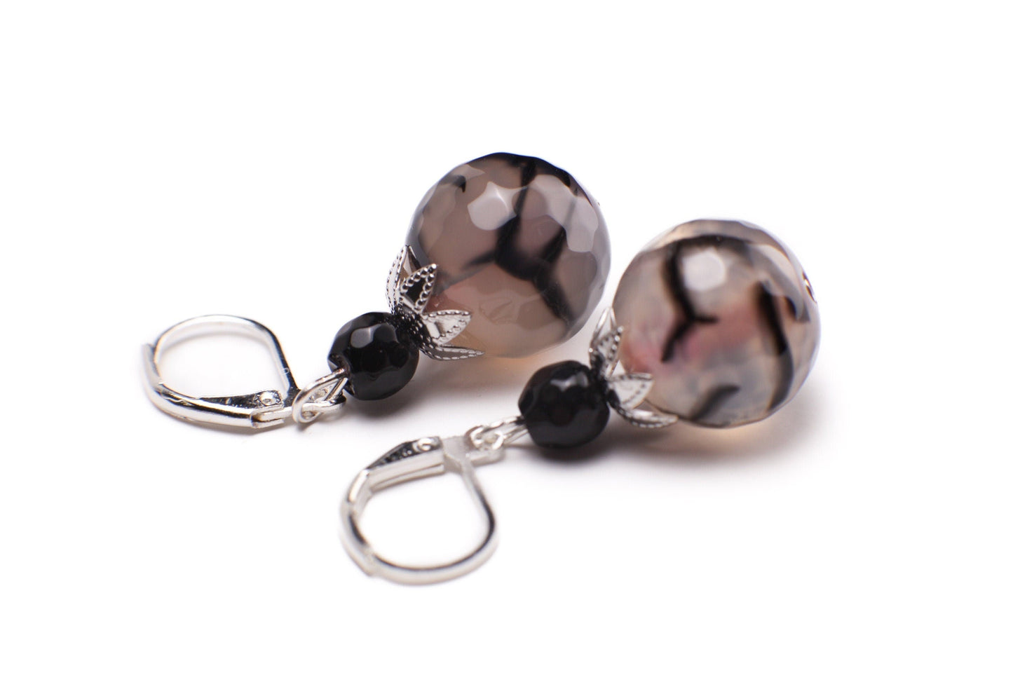 Natural Fire Agate, Dragon Vein Agate,14mm Faceted large Round 19" Toggle Necklace Matching Earrings Jewelry Set.