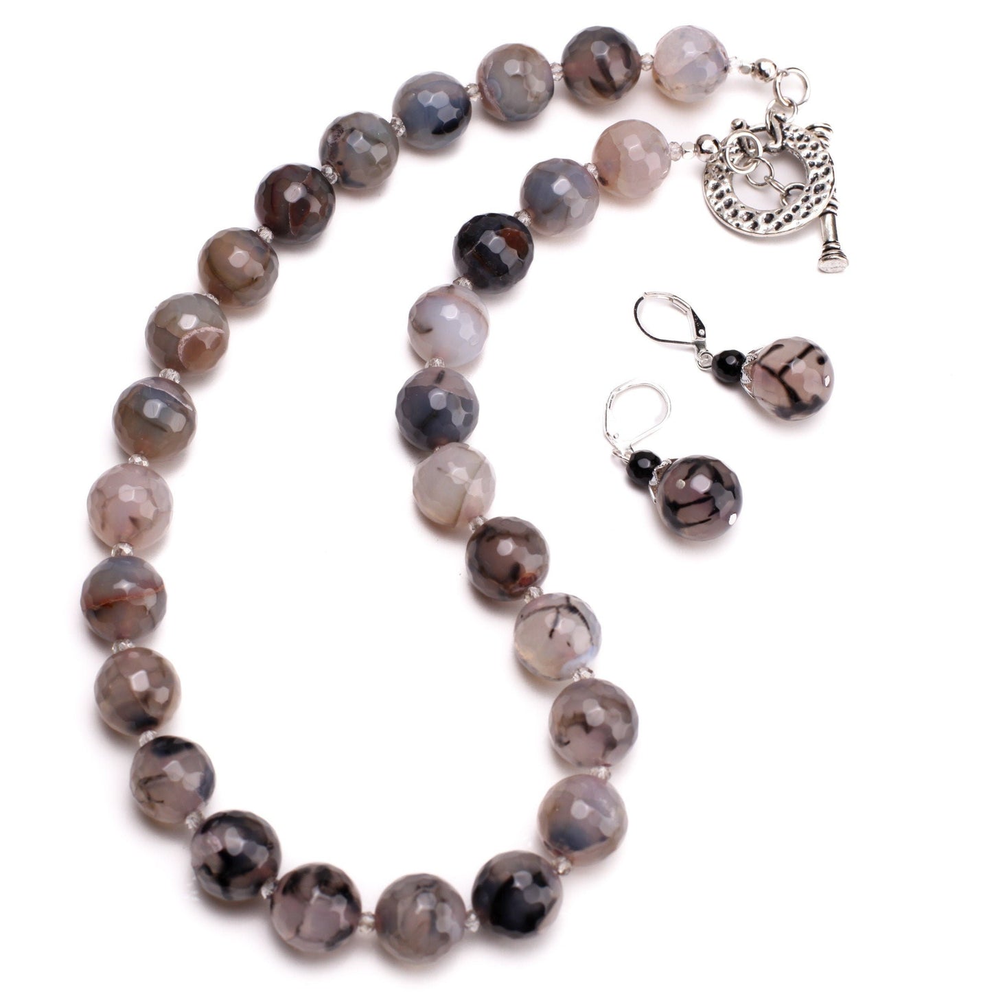 Natural Fire Agate, Dragon Vein Agate,14mm Faceted large Round 19" Toggle Necklace Matching Earrings Jewelry Set.