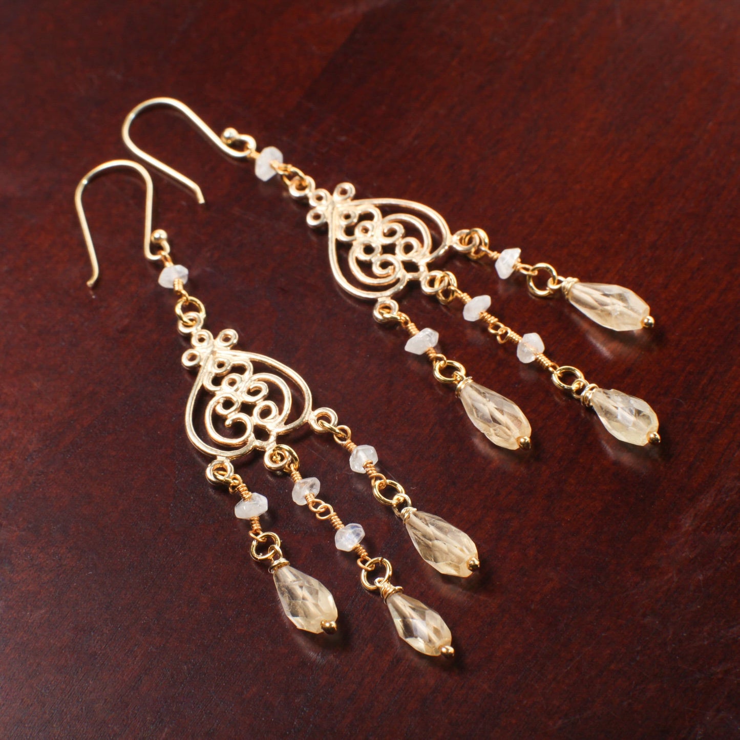 Citrine drop Briolette Chandelier Earrings, Faceted Moonstone Wire wrapped Gold Vermeil earwire, Gold Over 925 Sterling Silver Earrings