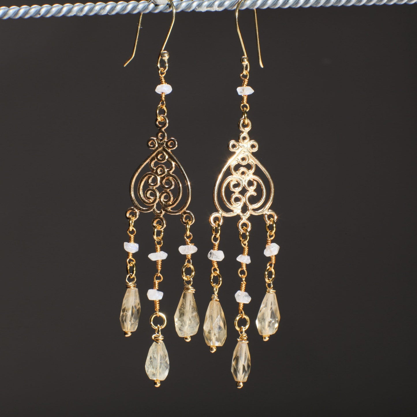 Citrine drop Briolette Chandelier Earrings, Faceted Moonstone Wire wrapped Gold Vermeil earwire, Gold Over 925 Sterling Silver Earrings