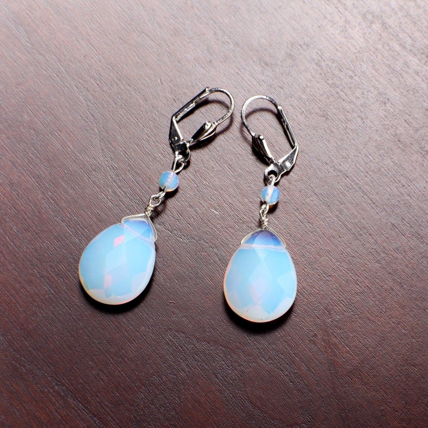 Opalite Faceted large drop Briolette 15x20mm Tear Drop Dangling with Opalite Rondelle in Silver Leverback Earrings