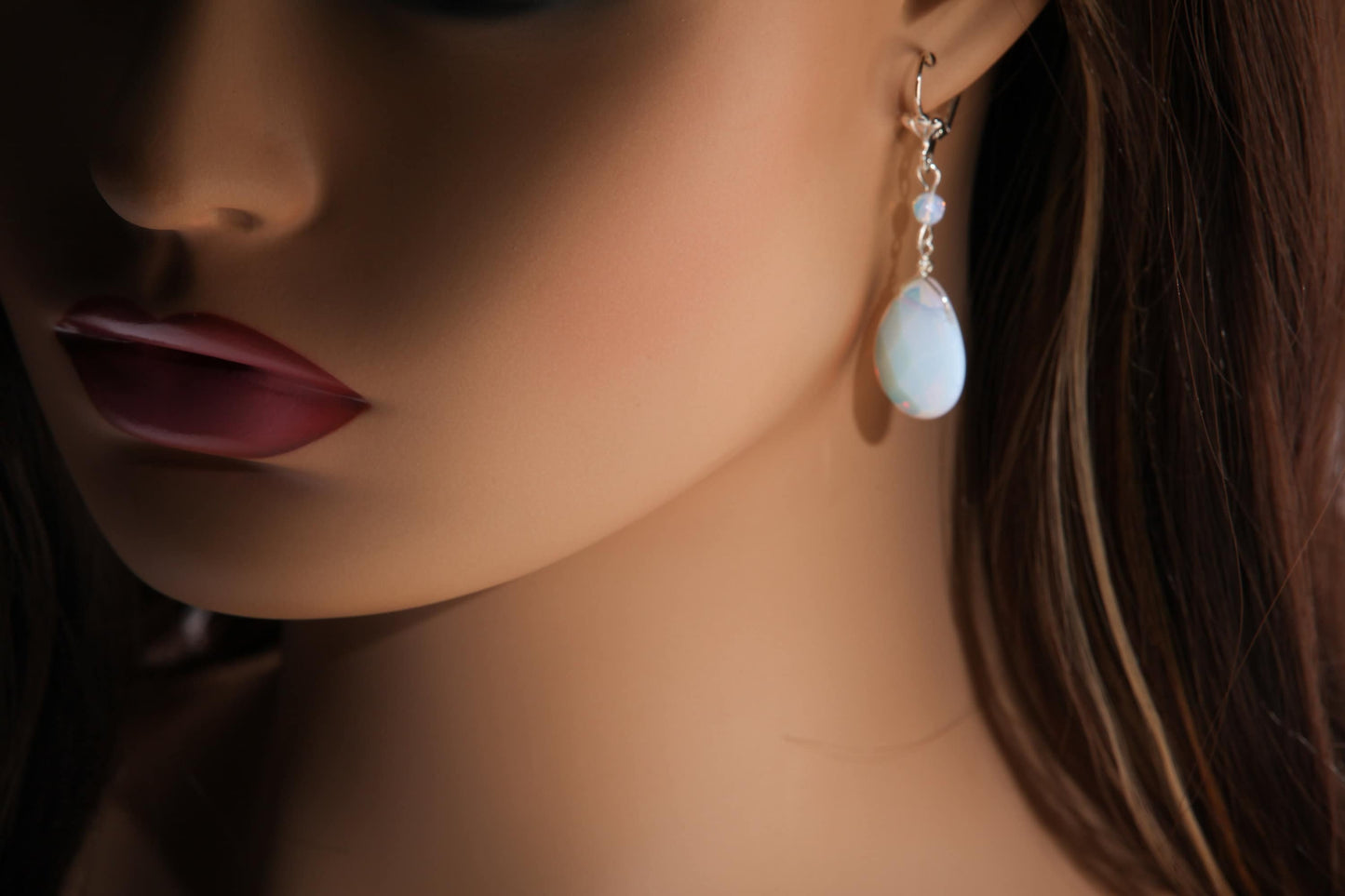 Opalite Faceted large drop Briolette 15x20mm Tear Drop Dangling with Opalite Rondelle in Silver Leverback Earrings