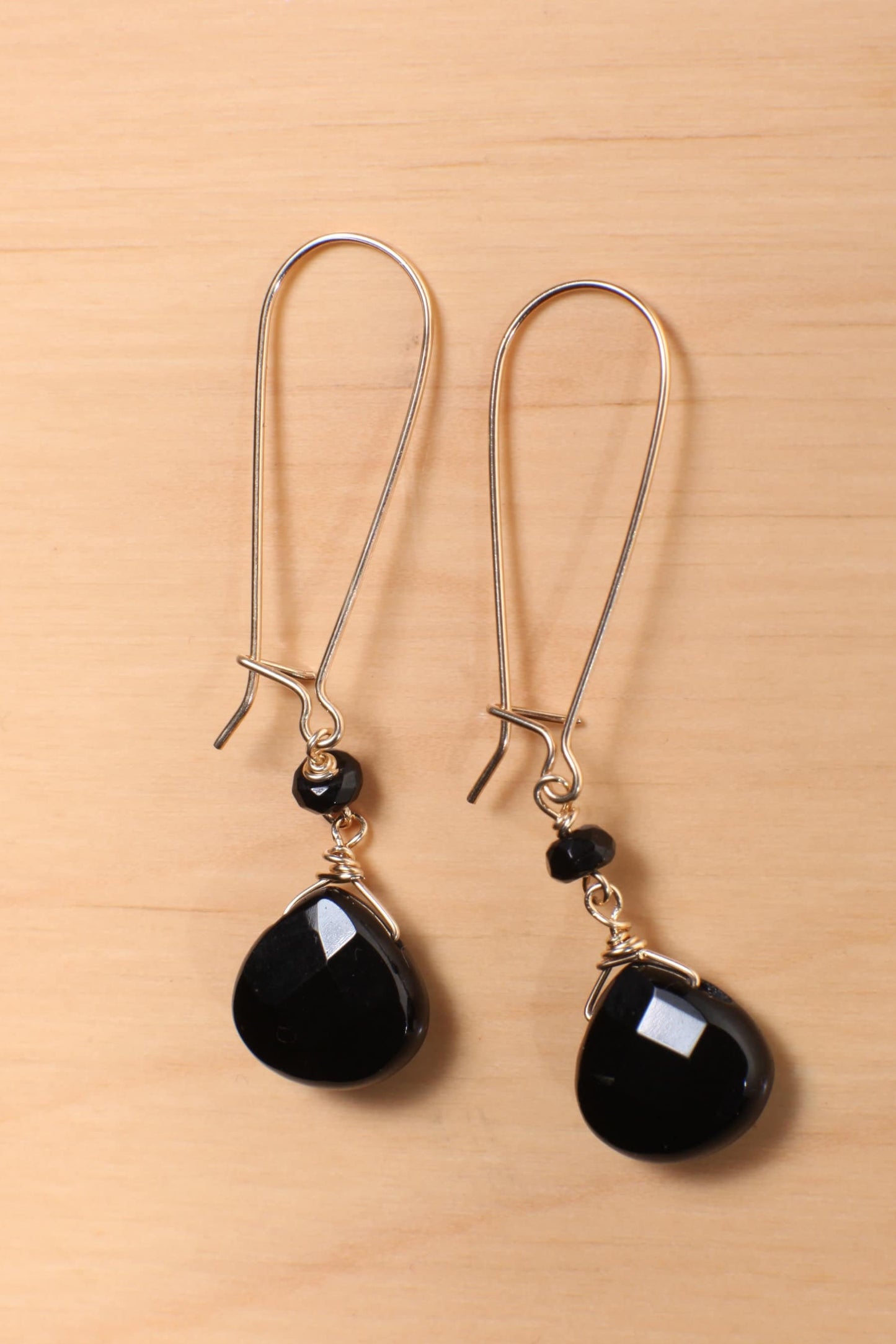 Black Onyx Faceted Teardrop Dangling Wire Wrapped Kidney Earwire in 14K Gold Filled, Also Available in 925 Sterling Silver