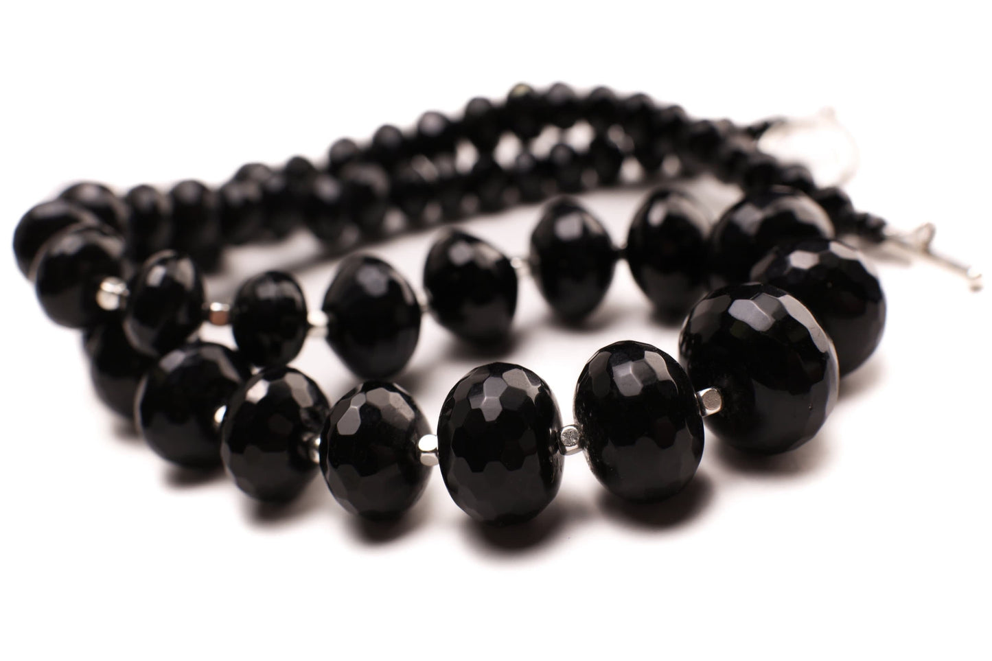 Black Onyx Faceted Graduated Rondelle 7-17mm with Silver Bali Style Spacers And toggle clasp 18" Necklace