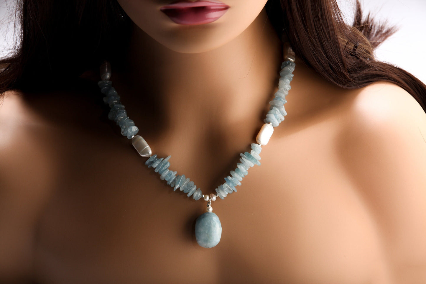Natural Aquamarine Faceted Free Form tumbled chips nugget, Aquamarine Pendant, Biwa Freshwater stick Pearl spacer,19”&2”ext,gift , Chakra