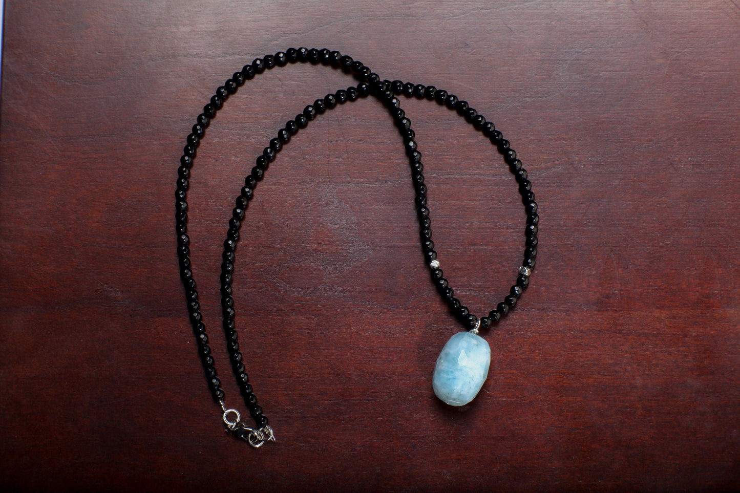 Aquamarine Pendant Necklace, Genuine Aquamarine Faceted Free Form Pendant with Black Onyx Faceted Rondelle 22" Necklace