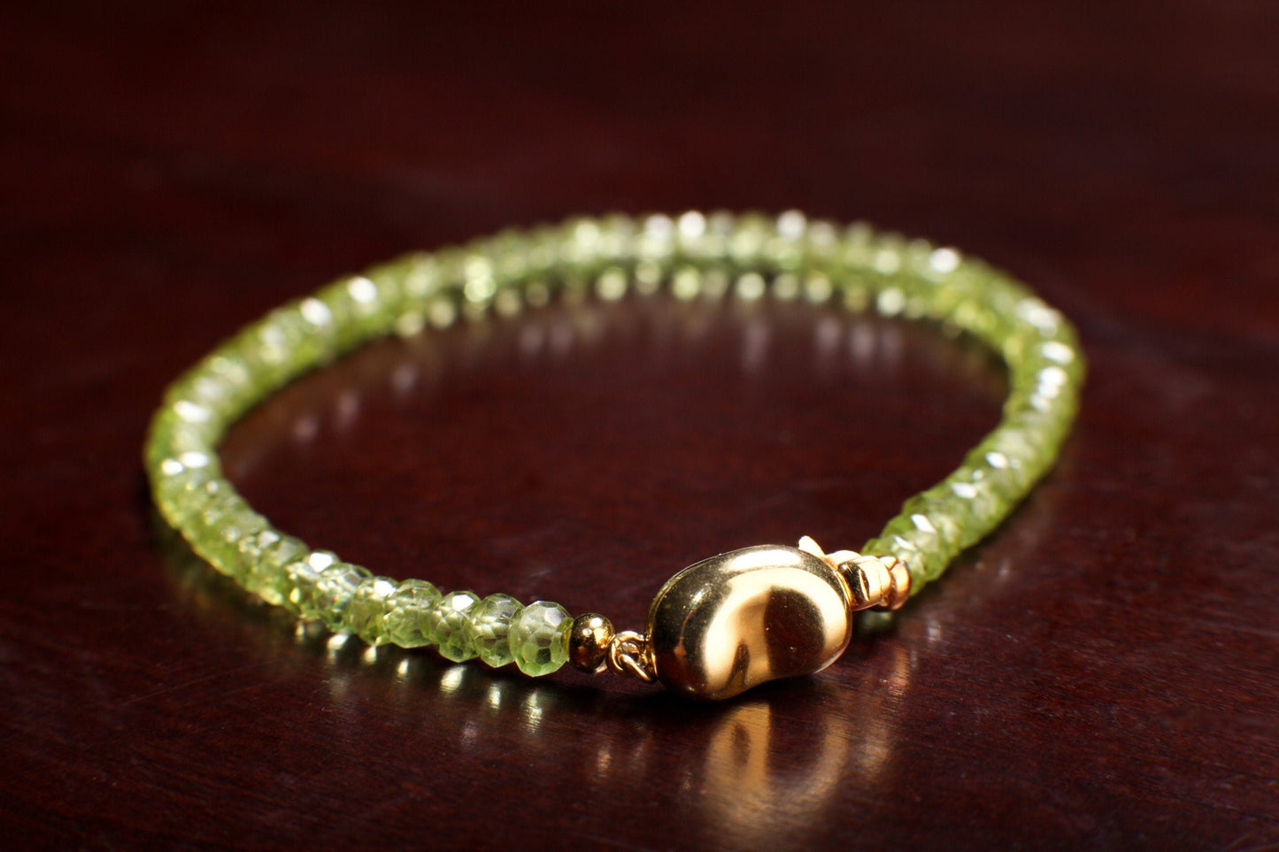 Peridot Faceted 4mm Rondelle with 18K Gold Vermeil or 925 Sterling Silver Bean Shape Clasp Bracelet Gift for her