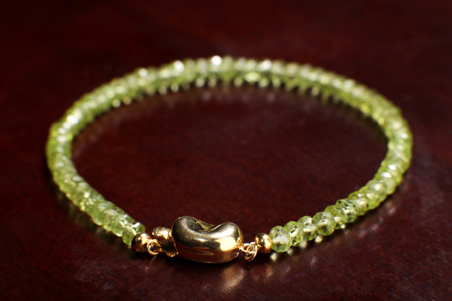 Peridot Faceted 4mm Rondelle with 18K Gold Vermeil or 925 Sterling Silver Bean Shape Clasp Bracelet Gift for her