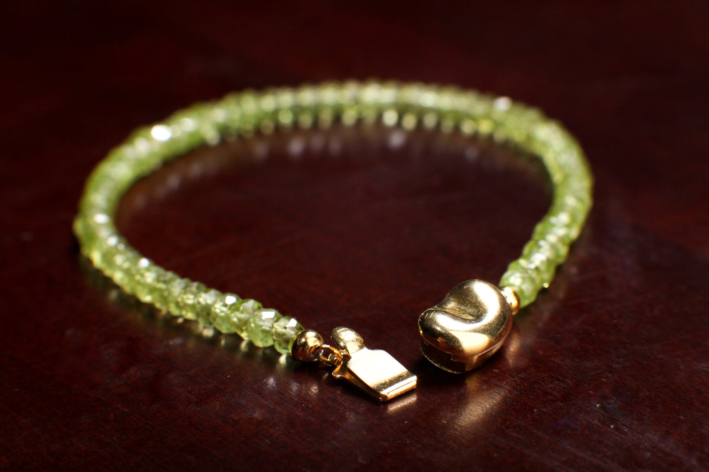 Peridot Faceted 4mm Rondelle with 18K Gold Vermeil or 925 Sterling Silver Bean Shape Clasp Bracelet Gift for her
