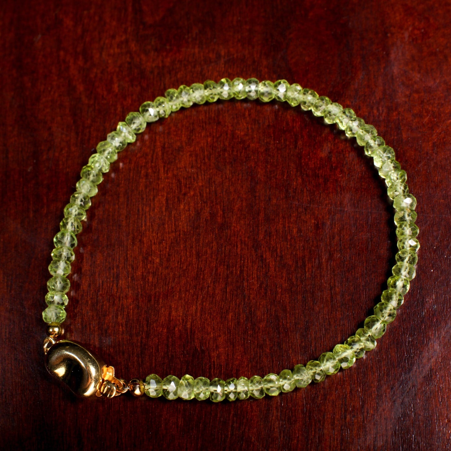 Peridot Faceted 4mm Rondelle with 18K Gold Vermeil or 925 Sterling Silver Bean Shape Clasp Bracelet Gift for her