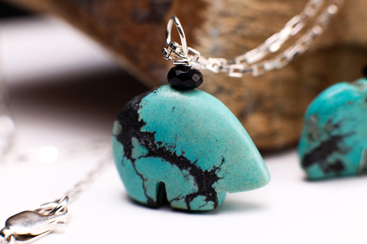 Genuine Tibetan Spiderweb Turquoise Carved Zuni Bear Vintage Gemstone Charm in 925 Sterling Silver Necklace Optional ,Choose your Bear .