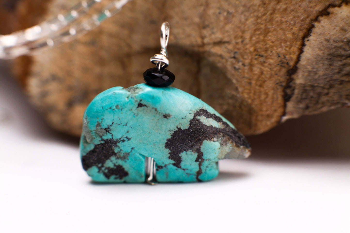Genuine Tibetan Spiderweb Turquoise Carved Zuni Bear Vintage Gemstone Charm in 925 Sterling Silver Necklace Optional ,Choose your Bear .