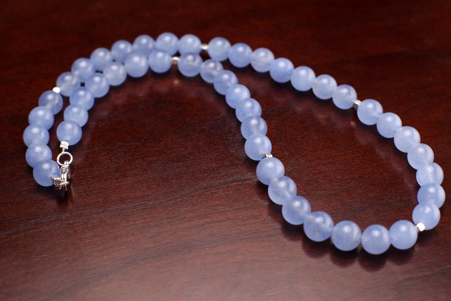 Periwinkle Blue Chalcedony 8mm Silver Necklace Choose from 16" to 34" with Optional Matching Earrings
