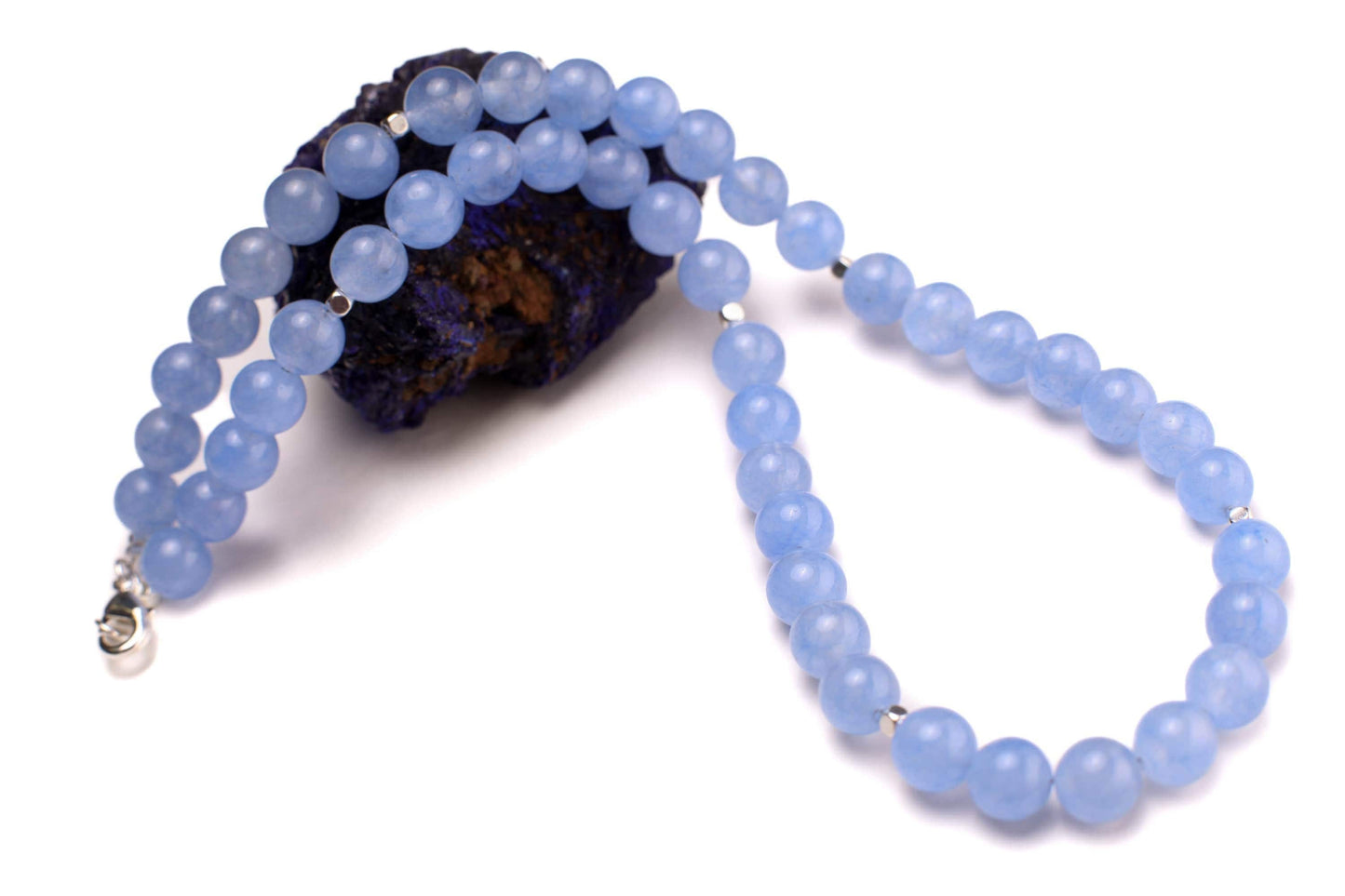 Periwinkle Blue Chalcedony 8mm Silver Necklace Choose from 16" to 34" with Optional Matching Earrings