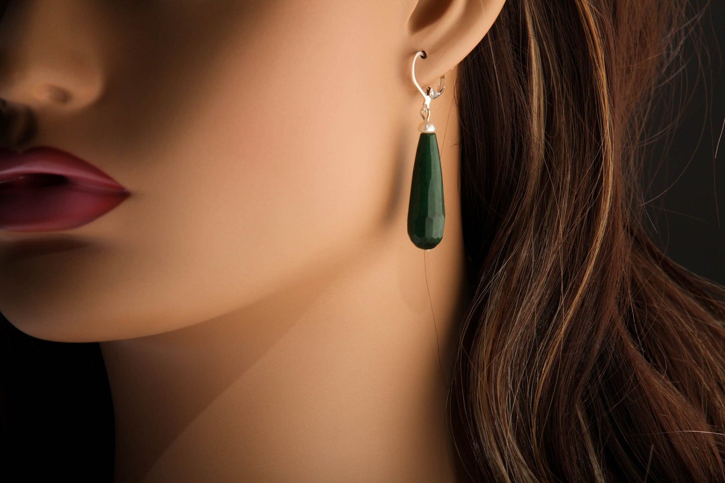 Dark Green Emerald Jade 20×40mm Long Teardrop with Freshwater Button Pearl, Silver or Gold Leverback Earrings, Gift for her