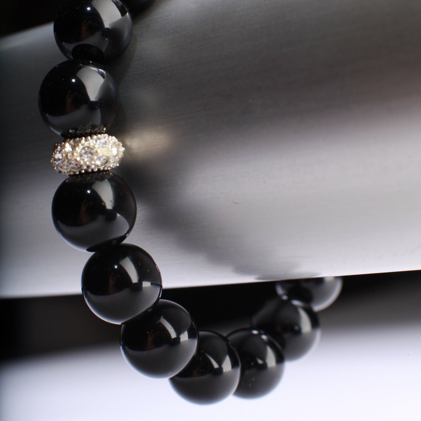 Black Onyx 12mm with Rhinestone spacer, Natural Gemstone, Healing, Yoga, Crystal Chakra Stretch Bracelet 8"