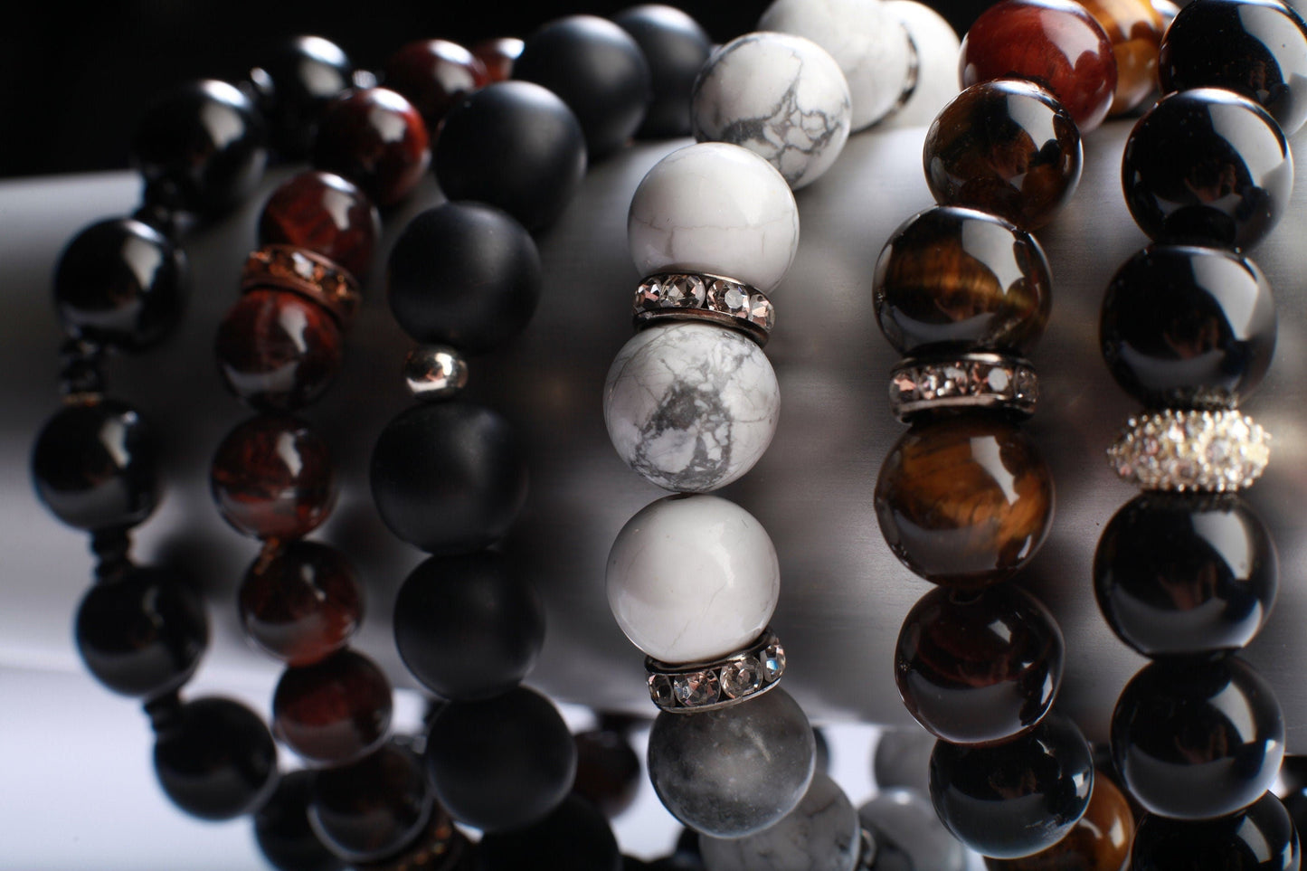 Black Onyx 12mm with Rhinestone spacer, Natural Gemstone, Healing, Yoga, Crystal Chakra Stretch Bracelet 8"