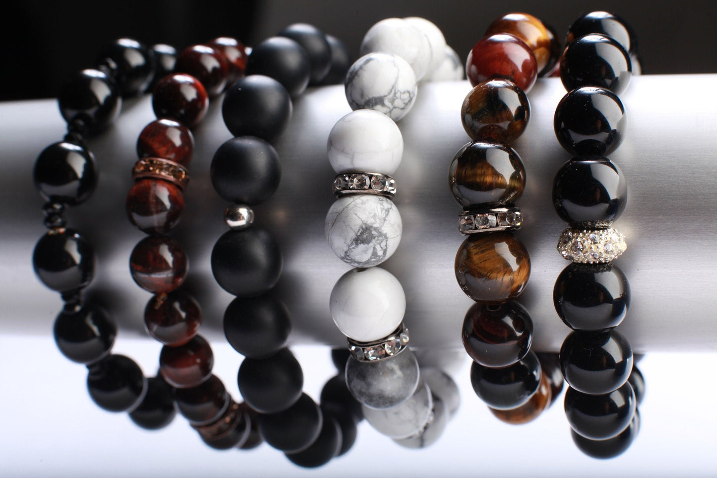 Black Onyx 12mm with Rhinestone spacer, Natural Gemstone, Healing, Yoga, Crystal Chakra Stretch Bracelet 8"