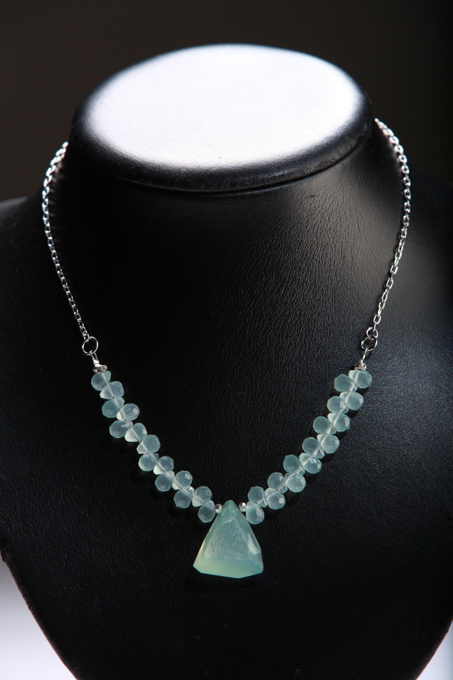 Natural Chalcedony Briolette Faceted Drop Accent with Stunning Chalcedony Raw Druzy Geode Pendant, 17" Rhodium Necklace 2" Extension Chain