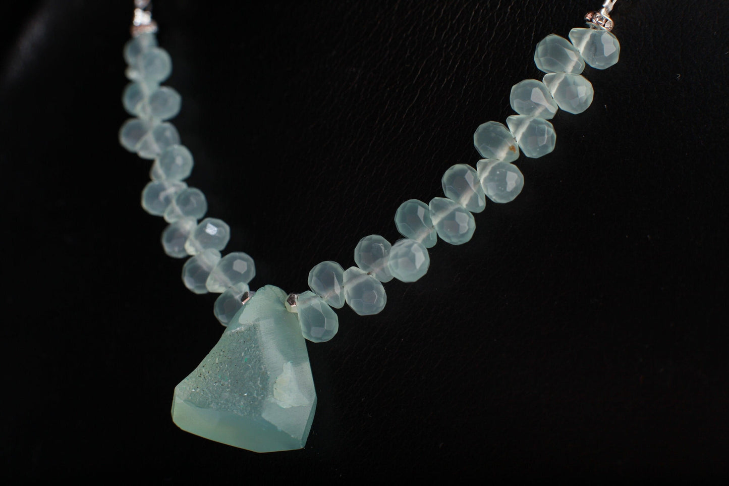 Natural Chalcedony Briolette Faceted Drop Accent with Stunning Chalcedony Raw Druzy Geode Pendant, 17" Rhodium Necklace 2" Extension Chain