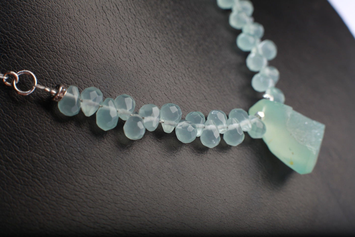 Natural Chalcedony Briolette Faceted Drop Accent with Stunning Chalcedony Raw Druzy Geode Pendant, 17" Rhodium Necklace 2" Extension Chain