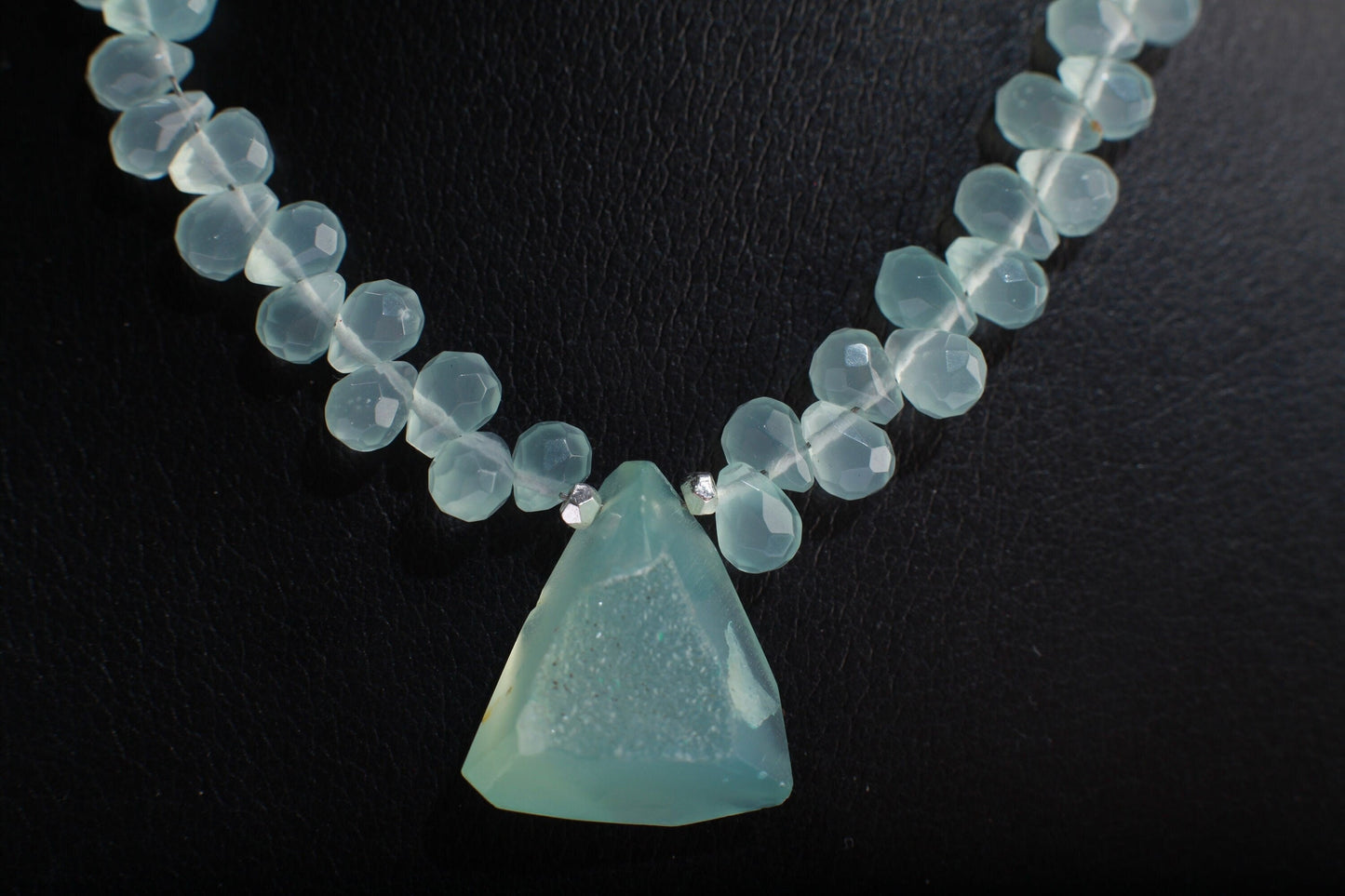 Natural Chalcedony Briolette Faceted Drop Accent with Stunning Chalcedony Raw Druzy Geode Pendant, 17" Rhodium Necklace 2" Extension Chain